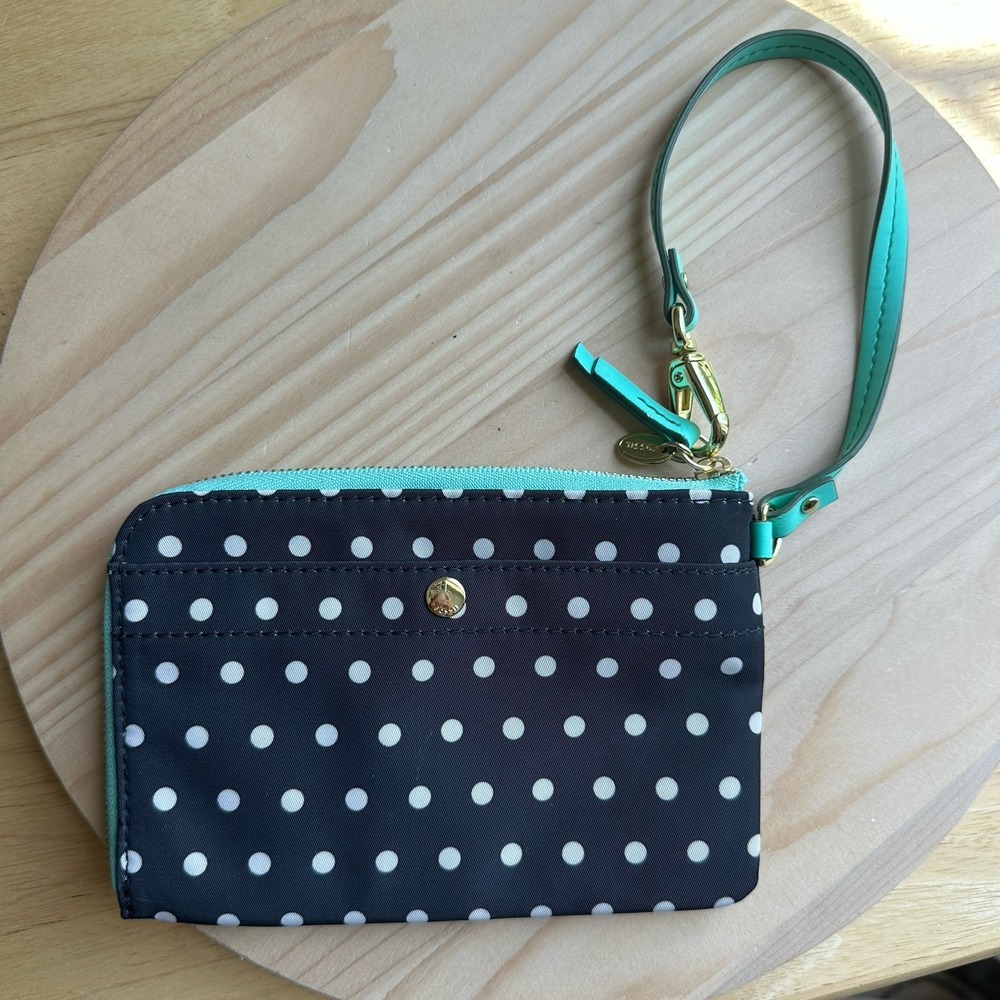 Fossil Wristlet Keyper Zip Around 6x4 Inch Polka Dot Teal Blue Black White EUC